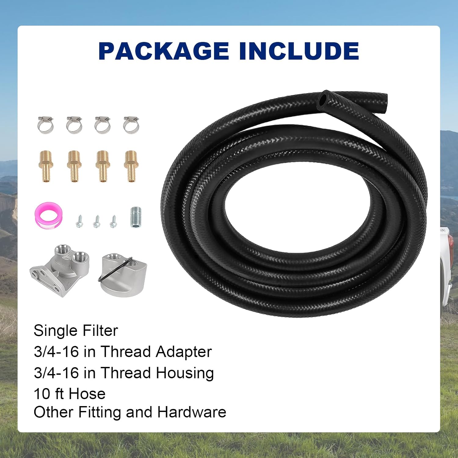 DICMIC Universal Remote Oil Filter Kit, Single Filter, 3/4-16 in Thread Adapter, 3/4-16 in Thread Housing, 10 ft Hose with Fitting and Hardware