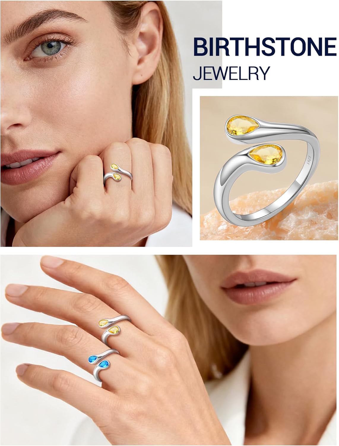 PROSILVER S925 Sterling Silver Rings for Women Dainty Birthstone Statement Ring, Dual Pear-Cut Gemstones, Open Band Rings, Jan - Dec Available - Image 3