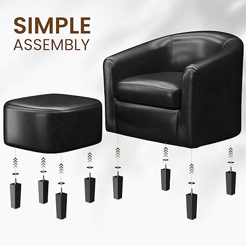 Miniatura 6 de Yaheetech Silla decorativa con reposapiés otomano, piel sintética, moderna tapizada de mediados de siglo, silla de barril suave, cómodo juego de