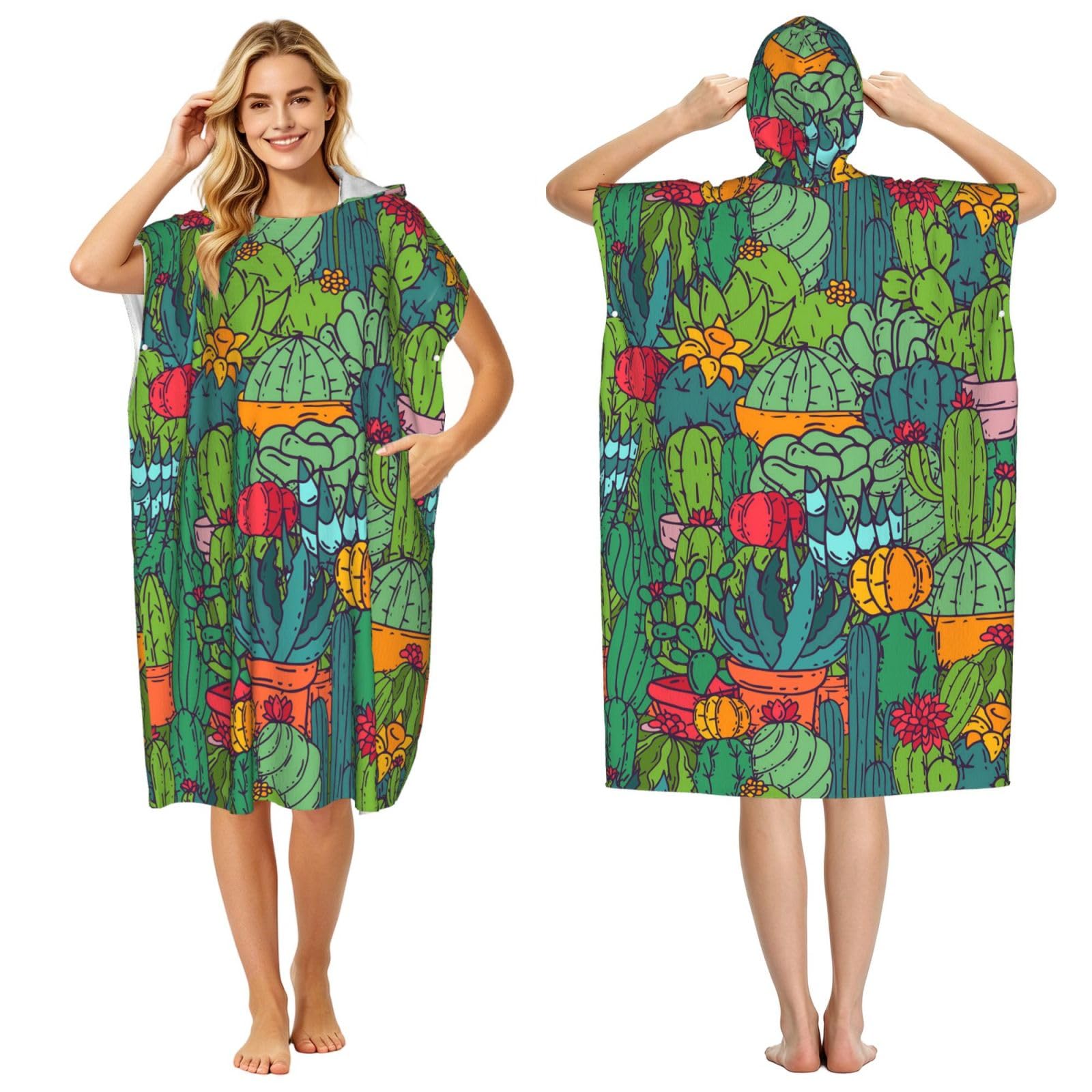 Poadnly Succulents Cacti Green Plants Cactus, Adult Hooded Beach Towel 90 x 110 cm,Changing Bath Robe, Surf Poncho Towel For Women Men