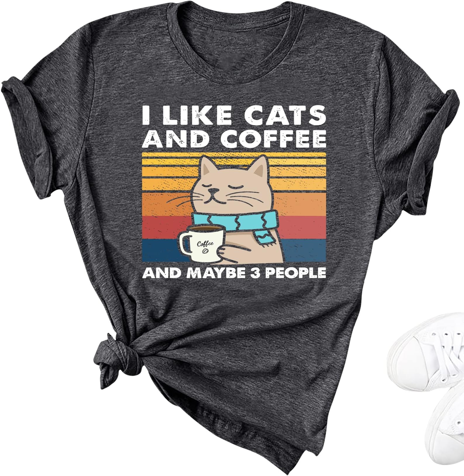 HaukeaWomen’s Novelty T Shirt Vintage Coffee Cat Graphic Loose Tees Funny Cat Shirts for Women Soft Casual Tshirts Tops