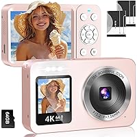 Digital Camera, 4K, 64 Megapixels, 30 FPS Digital Camera, 64 GB with TF Card, 18 X Digital Zoom, 2.8 Inches, IPS Screen, AF Autofocus, Rechargeable YouTube Camera, Beginners, Webcam, Children