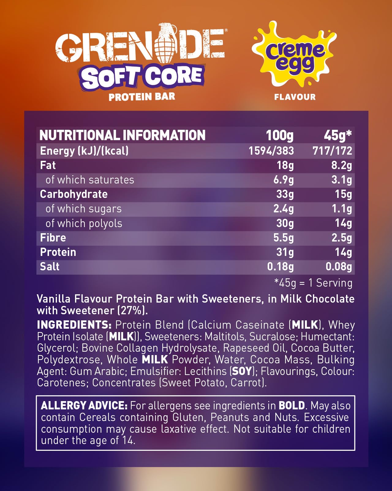 Grenade Soft Core Limited Edition Gusto Creme Egg Barretta Proteica con Cuore Morbido - High Protein, Low Sugar, 18 x 45g