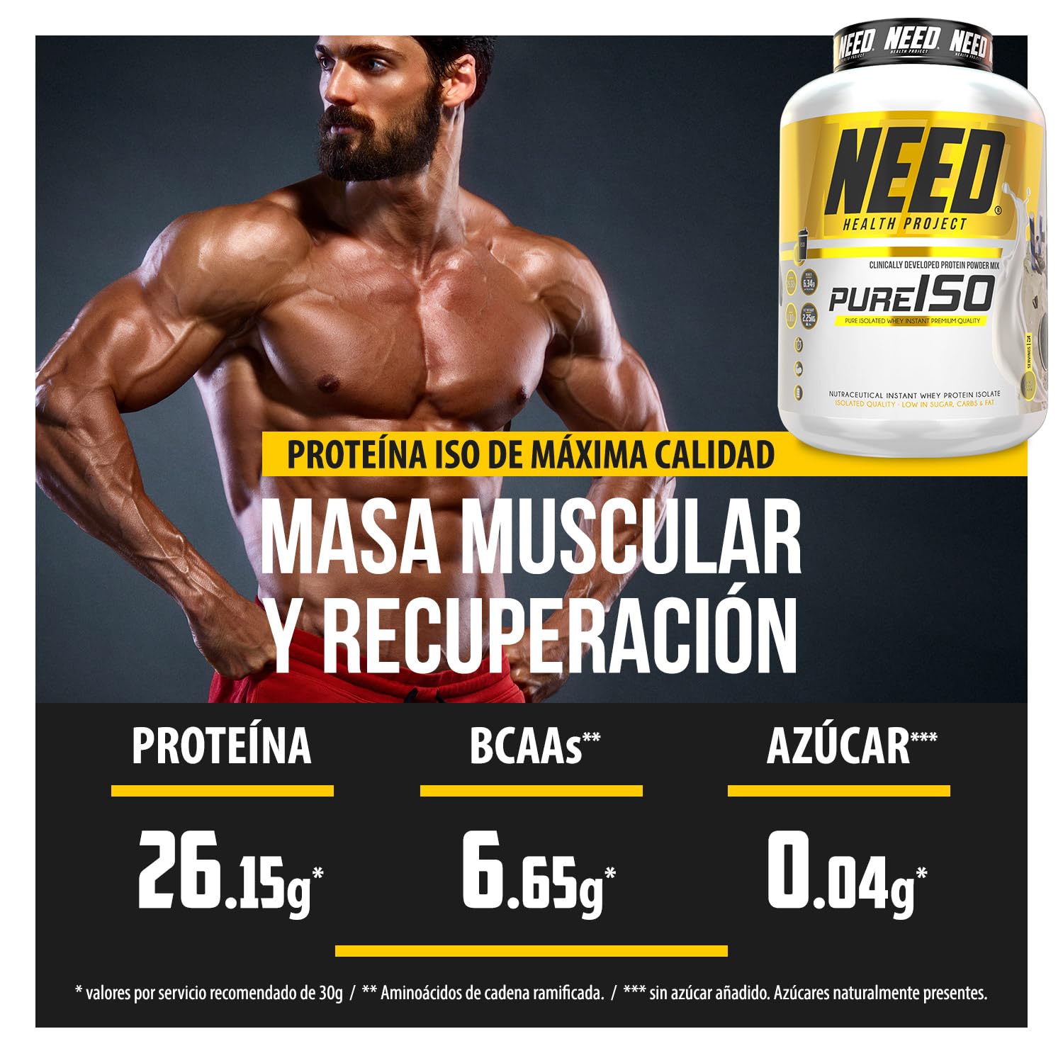 NEED - Proteina Isolada Whey en Polvo de Alta Pureza | Proteina Whey Premium para Masa Muscular, Definición y Recuperación | Sin Azúcares Añadidos | 2250 g | Sabor Strawberry Cake