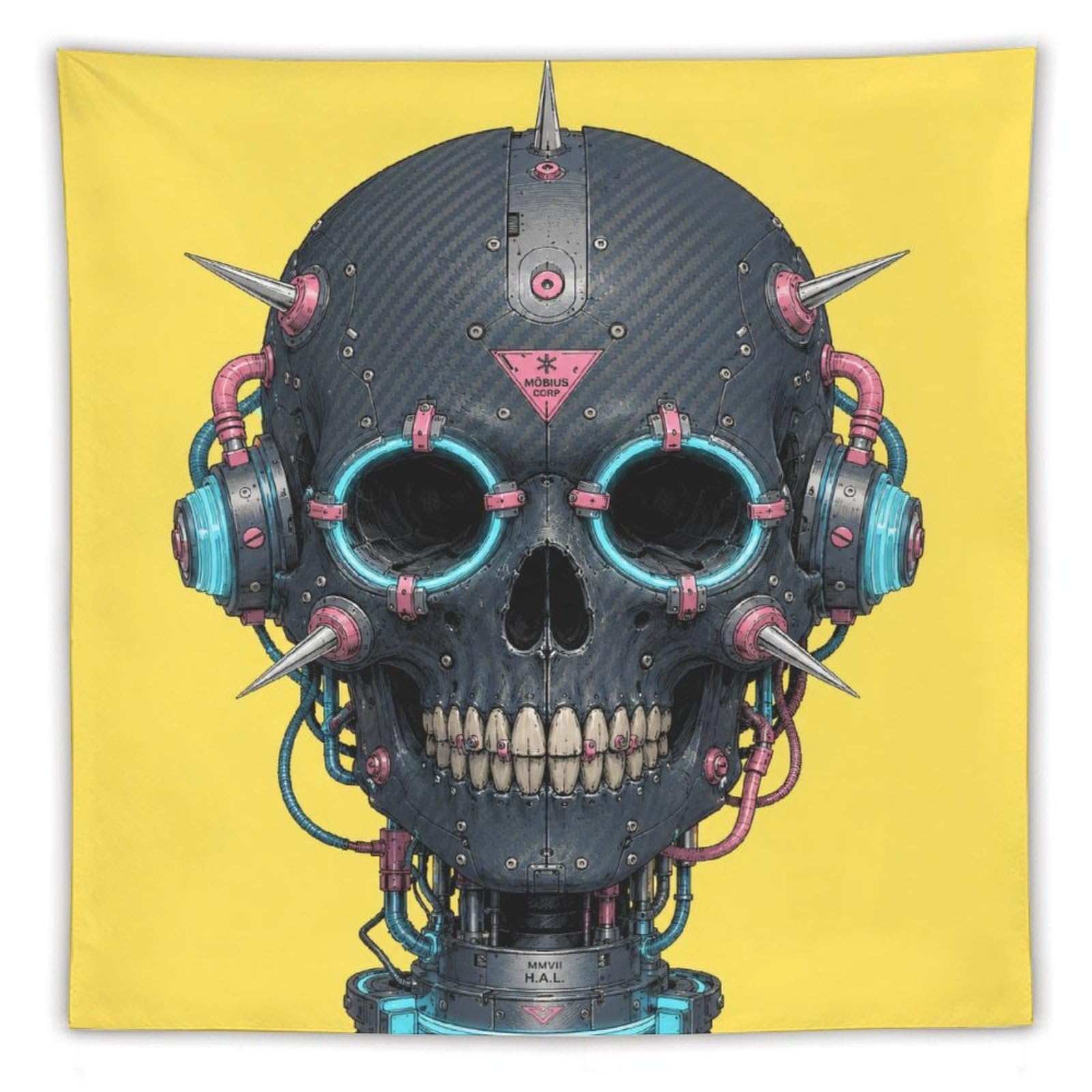 H3B8U2Y5 Cyber Skull with Neon Goggles Wall Tapestry, Gothic Oil Style, Bed
