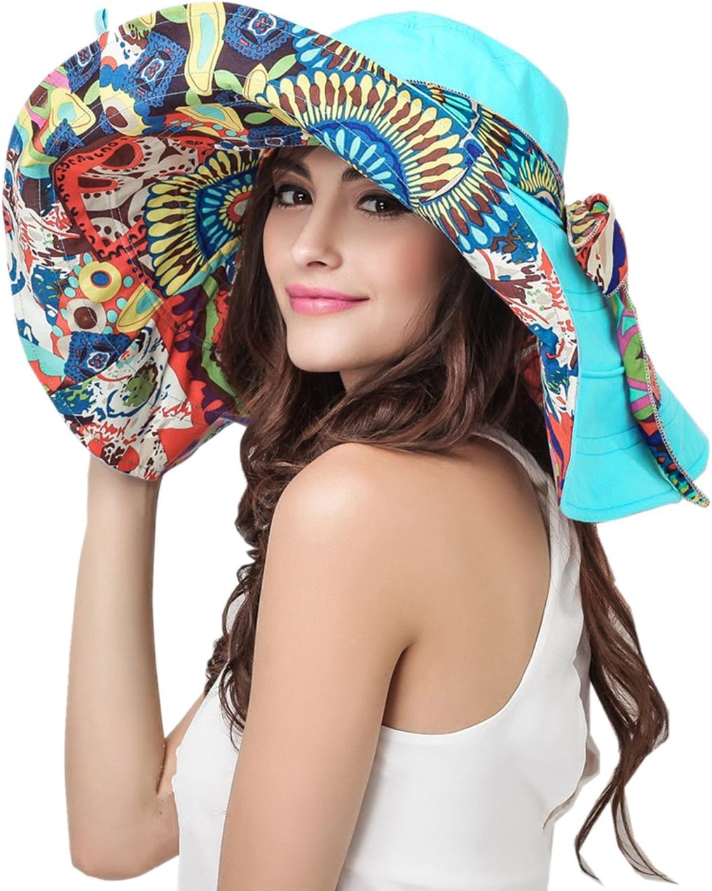 Fakeface Women's Foldable Floppy Reversible Travel Beach Sun Visor Hat Wide Brim UPF 50+ One Size Blue 43230-40411