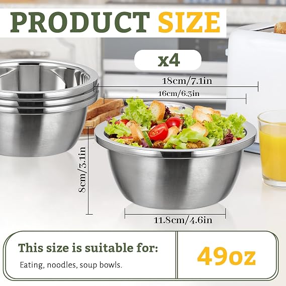 Stainless Steel Bowl Set of 4, Thicker 18/8 Stainless Mixing Bowls 1400ml, Salad Bowls, Nesting Metal Prep Bowls for Cooking Baking Marinating, Serving Bowls for Cereal Soup