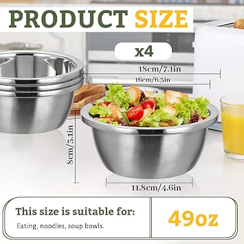 Stainless Steel Bowl Set of 4, Thicker 18/8 Stainless Mixing Bowls 1400ml, Salad Bowls, Nesting Metal Prep Bowls for Cooking Baking Marinating, Serving Bowls for Cereal Soup
