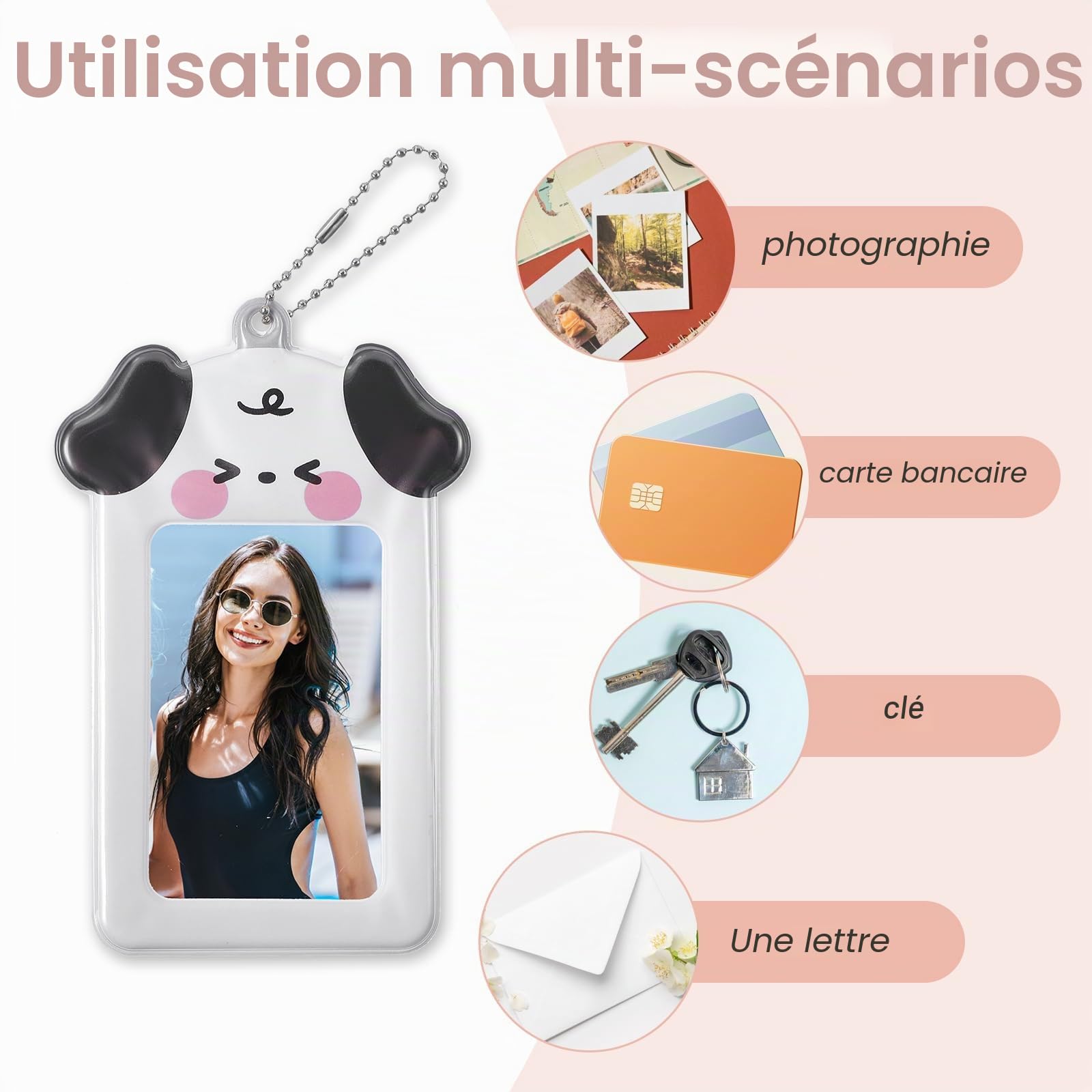 Yuanchu Kpop Lot de 4 porte-cartes photo mignons avec pendentif chaîne Kawaii pour cadre photo, carte d'identité, 7,6 cm, porte-carte d'identité, porte-carte d'identité, porte-carte de bus