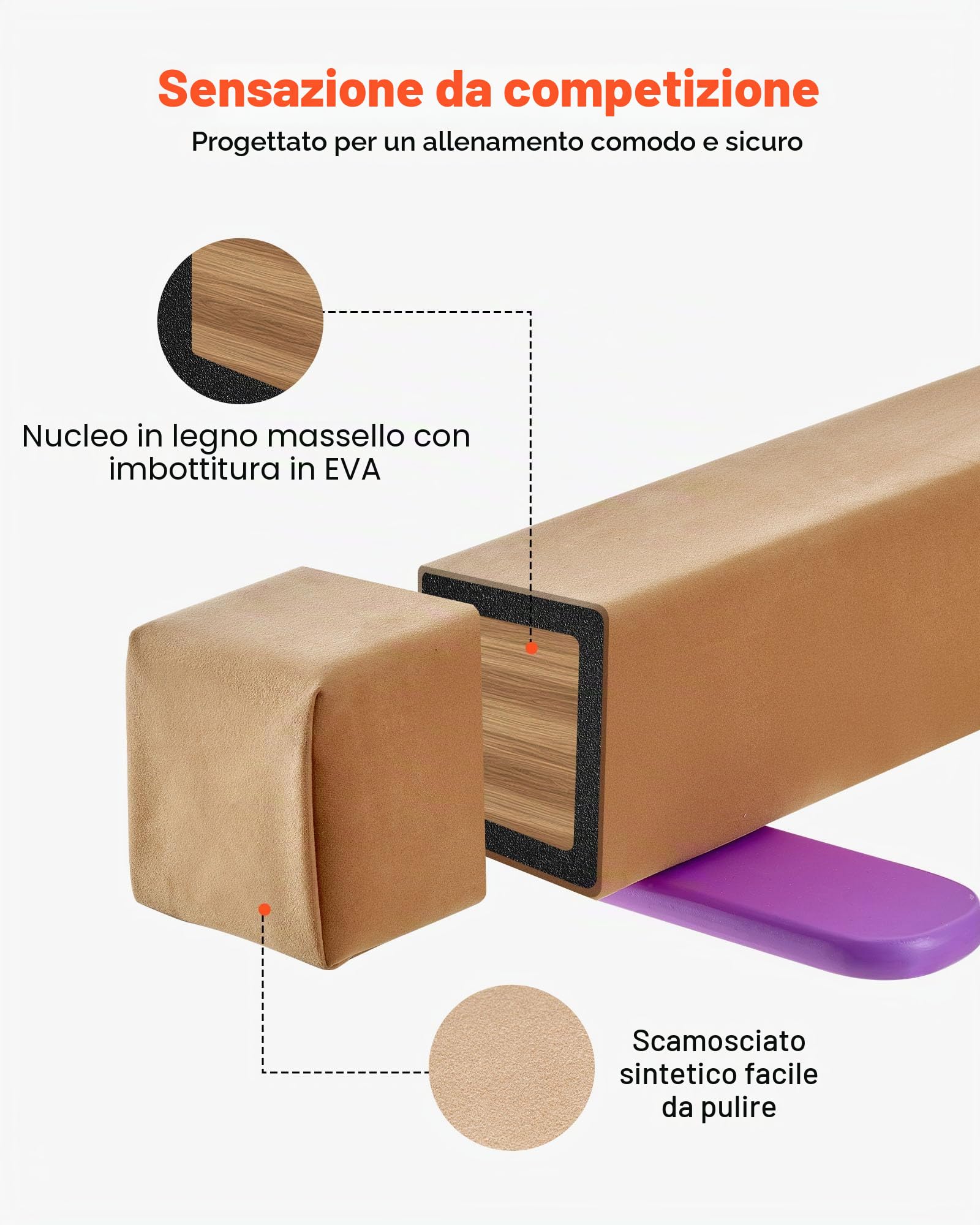 VEVOR Trave di equilibrio per bambini, 2,4 m, supporto stabile da ginnastica da 90,7 a 158,8 kg, con tappetino antiscivolo, attrezzatura per allenamento ginnastica con anima in legno/EVA, con fondo