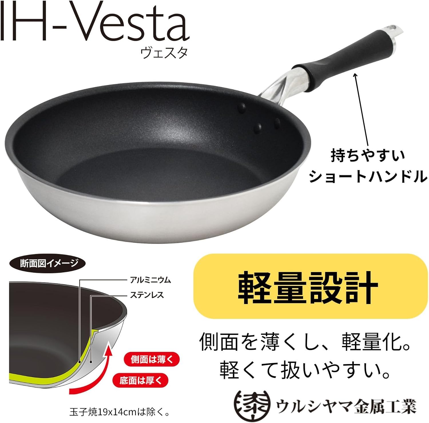 Urushiyama Metal Industrial Frying Pan, 7.9 inches (20 cm), IH, Lightweight, Vesta, Made in Japan, PFOA Free
