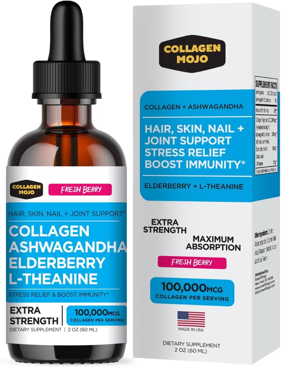 Collagen Mojo Liquid Collagen Peptides with Ashwagandha, Elderberry, L-Theanine - High Absorption - Healthy Hair, Skin, Nails, 2 Oz