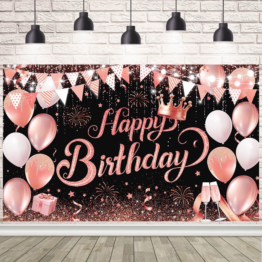 Rose Gold Happy Birthday Banner Birthday Backdrop Decoration Supplies Balloons and Crown Glitter Sequin Backdrop Photography Background Sign for Women