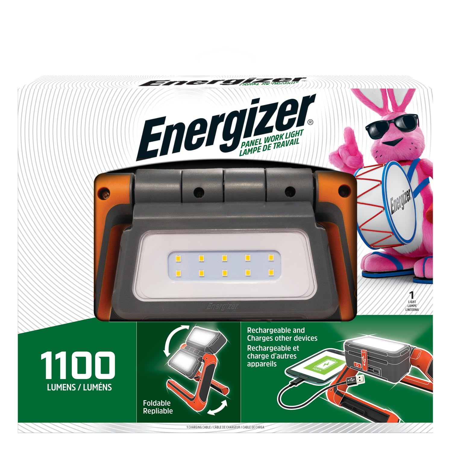 Energizer ENAWLL8 ENAWLL8 - Lanterna LED ricaricabile, luce da lavoro multi-pannello, resistente all'acqua, da campeggio, con cavo di ricarica micro-USB, colore: arancione/grigio, compatto