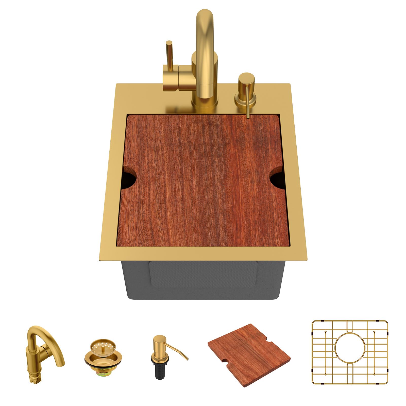 Fulorni 13x15 Inch Drop In Wet Bar Sink Workstation - Brushed Gold NANO-PVD 16-Gauge 304 Stainless Steel Single Bowl Top Mount Kitchen Bar Prep Sink With Faucet For RV, Small Kitchen, Outdoor Fulorni 13x15 Inch Drop In Wet Bar Sink Workstation - Brushed Gold NANO-PVD 16-Gauge 304 Stainless Steel Single Bowl Top Mount Kitchen Bar Prep Sink With Faucet For RV, Small Kitchen, Outdoor