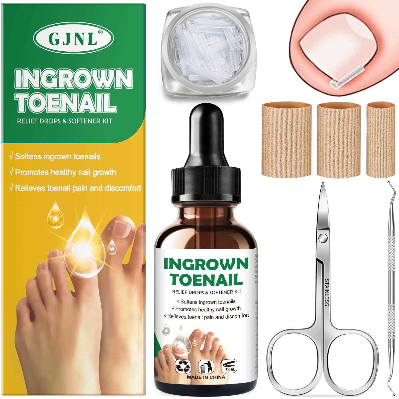 Ingrown Toenail Kit - Ingrown Toenail Drops, Ingrown Toenail Set - 60 Pcs Toenail Straightener Strips -Toenail Lifter Small Scissors