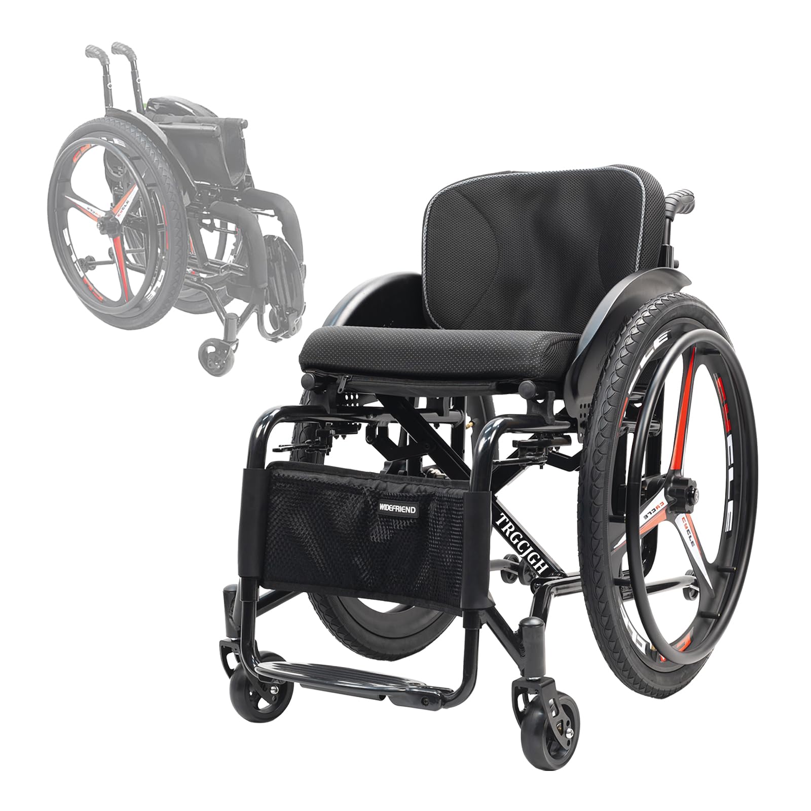 Carrozzina Pieghevole in Alluminio, Autospinta, Ruote antiribaltamento, Freni a Mano, per disabili, Sedia a rotelle Super-Leggera da transito(14.9in Seat Width,Sports Style)