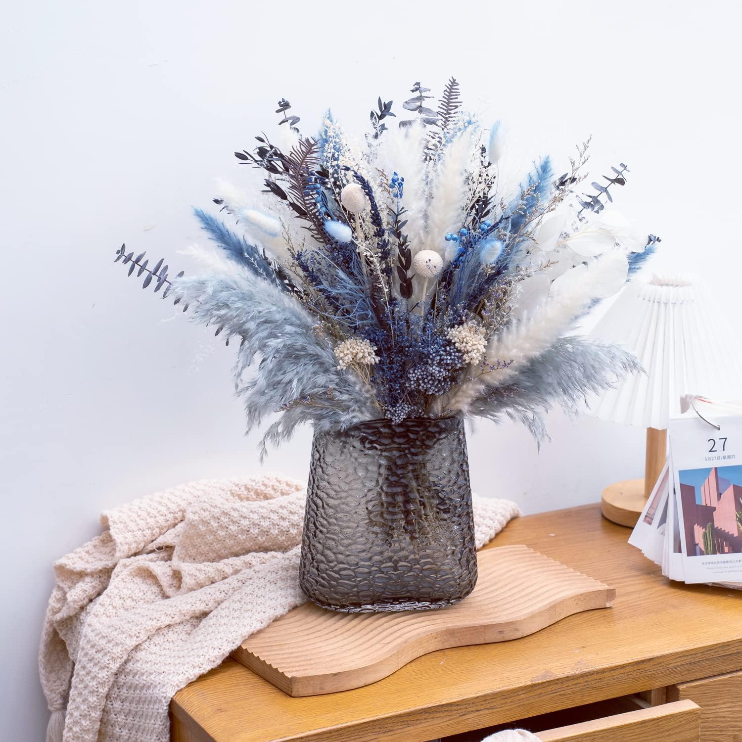 Pampas Grass Bouquet - Natural Dried Flower Arrangement, Mix Plants Eucalyptus Stems Bundle for Boho Table Centerpiece, Rustic Home Office Wedding Decor, or Gift