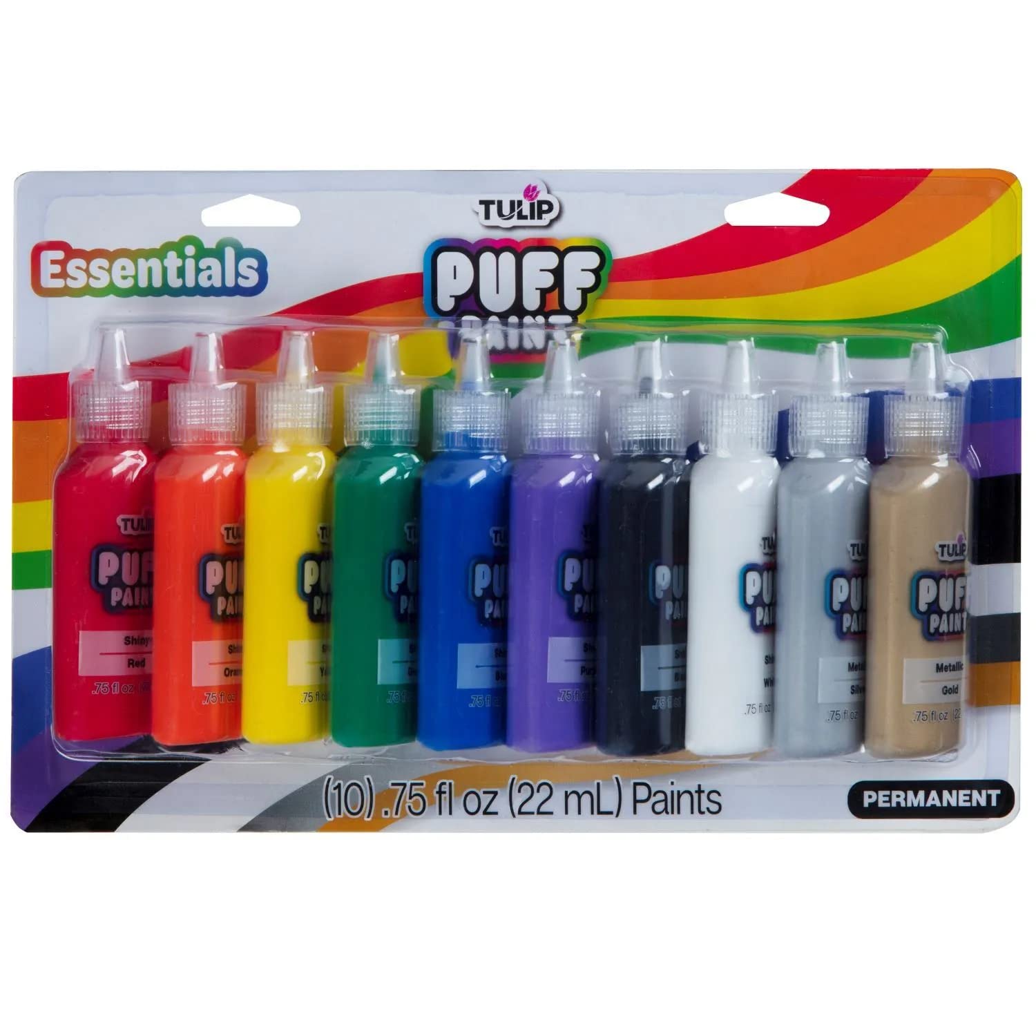 Tulip Puff Paint Essential Rainbow Colors 10-pack, Multi-Surface, Premium Quality, Nontoxic & Waterproof Craft Paint, Permanent on Fabric, 10-pack Essentials