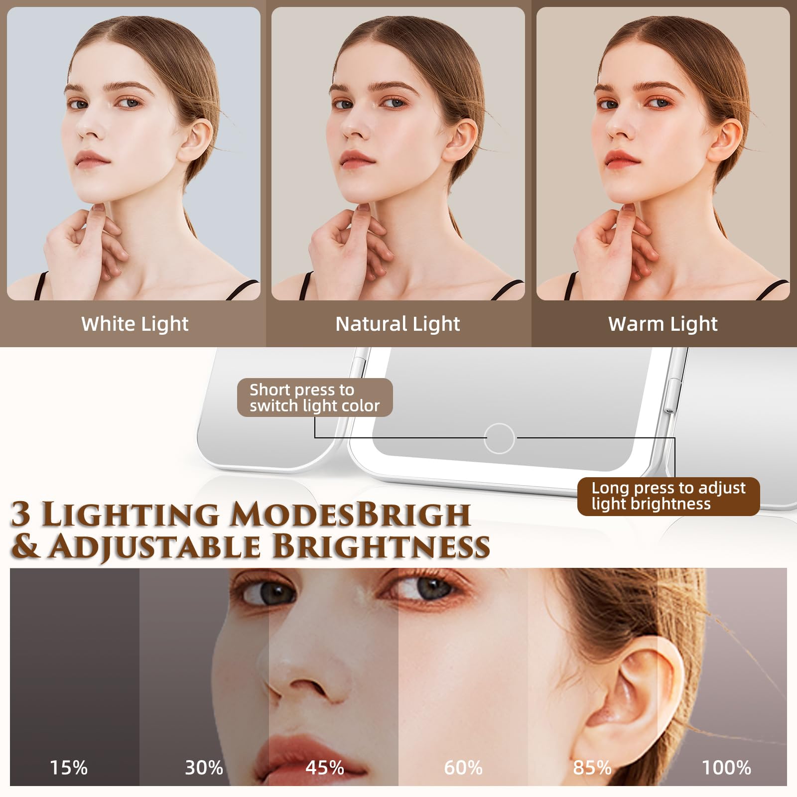 Tri-Fold Vanity Mirror with Light, Magnification and Rechargeable Design