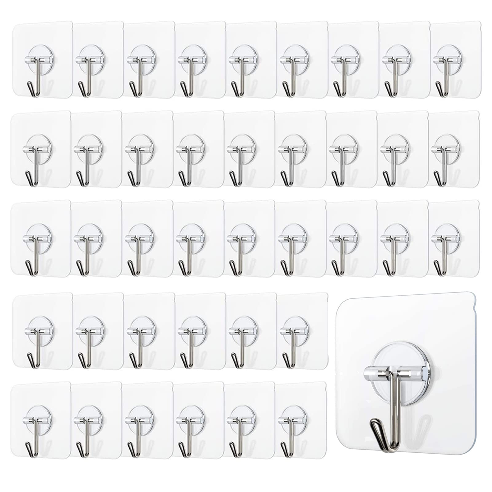 COLOGO 100 Pack Adhesive Hooks 24lb(Max) Heavy Duty Self Adhesive Hooks, Transparent Reusable Seamless Adhesive Wall Hooks for Kitchens, Bathroom, Office