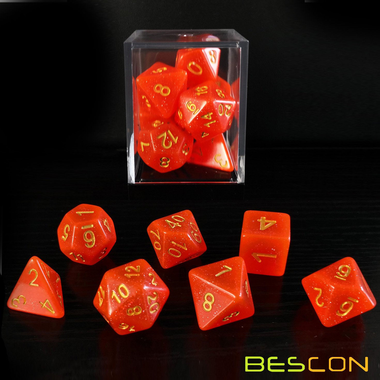 Bescon Intensive Glitter DND Dice 7pcs Set Royal RED, New Glitter RPG Dice Set d4 d6 d8 d10 d12 d20 d%, Brick Box Packaging