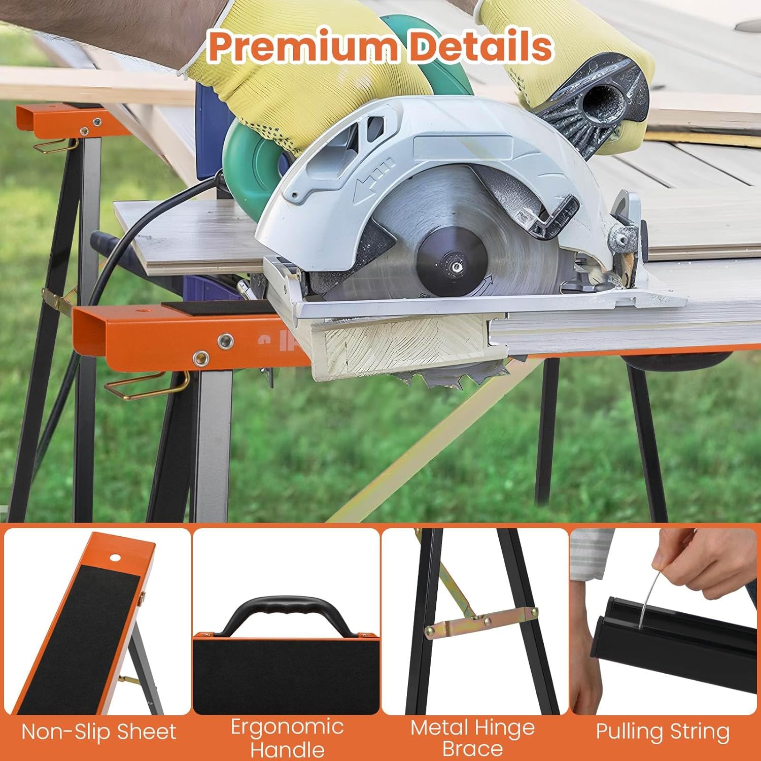 Costway 2-Pack Portable Sawhorses, Heavy-Duty Galvanized Metal Power Tool Stand w/ Non-slip Top & Hinge Brace, Quick-Folding Saw Horses w/ Carrying Handle for Woodworking