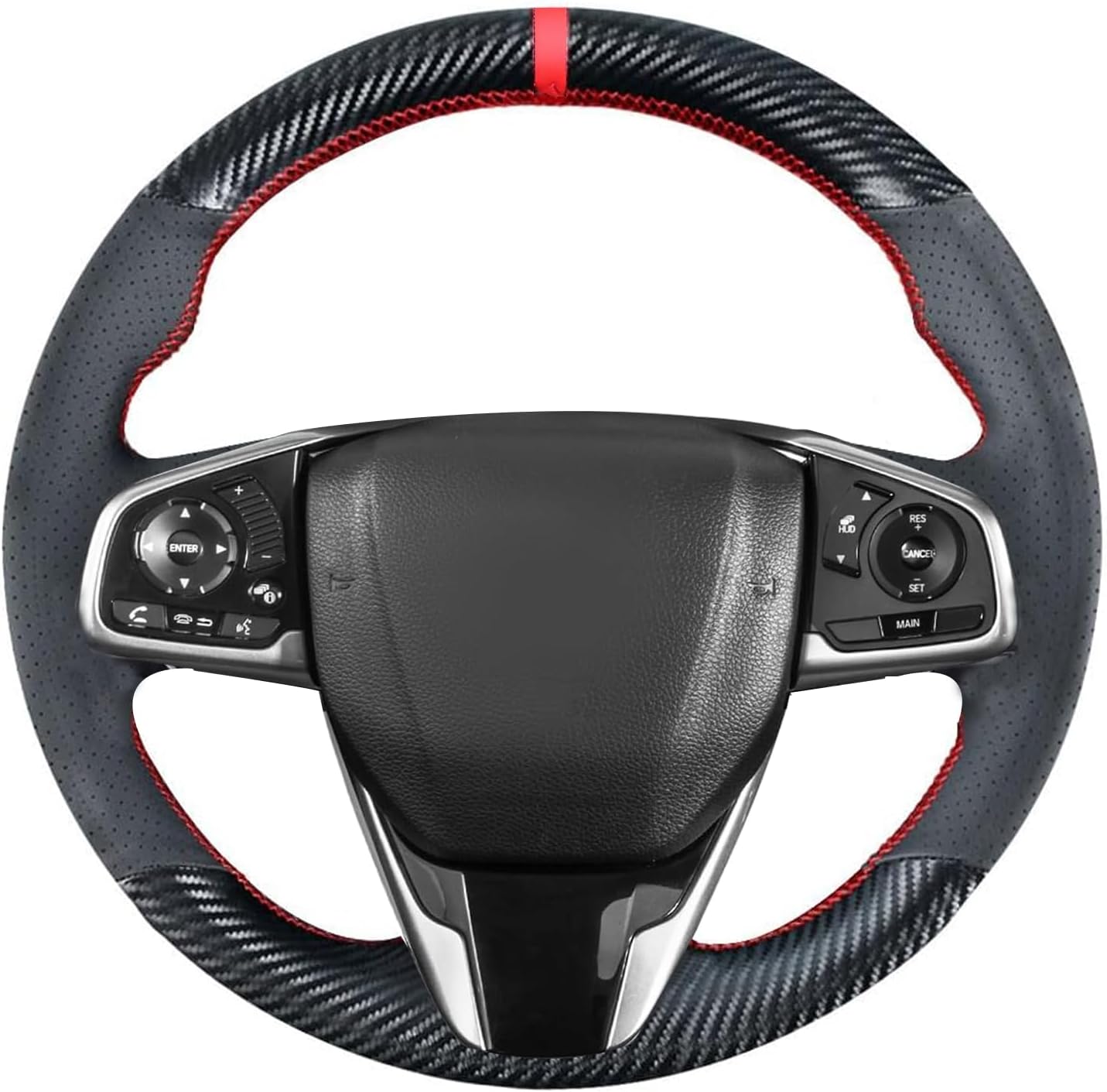 Matte Carbon Fiber Leather Steering Wheel Cover for Honda Civic 10th Generation 2016 2017 2018 2019 2020 2021 / Clarity 2018-2021 / CR-V CRV 2017-2022 15 Inches Custom Fit OEM DIY Accessories