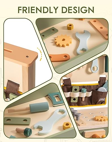 Miniatura 7 de ROBUD Banco de trabajo para niños pequeños, juguete de construcción de madera con cinturón de herramientas, gafas y accesorios para montaje