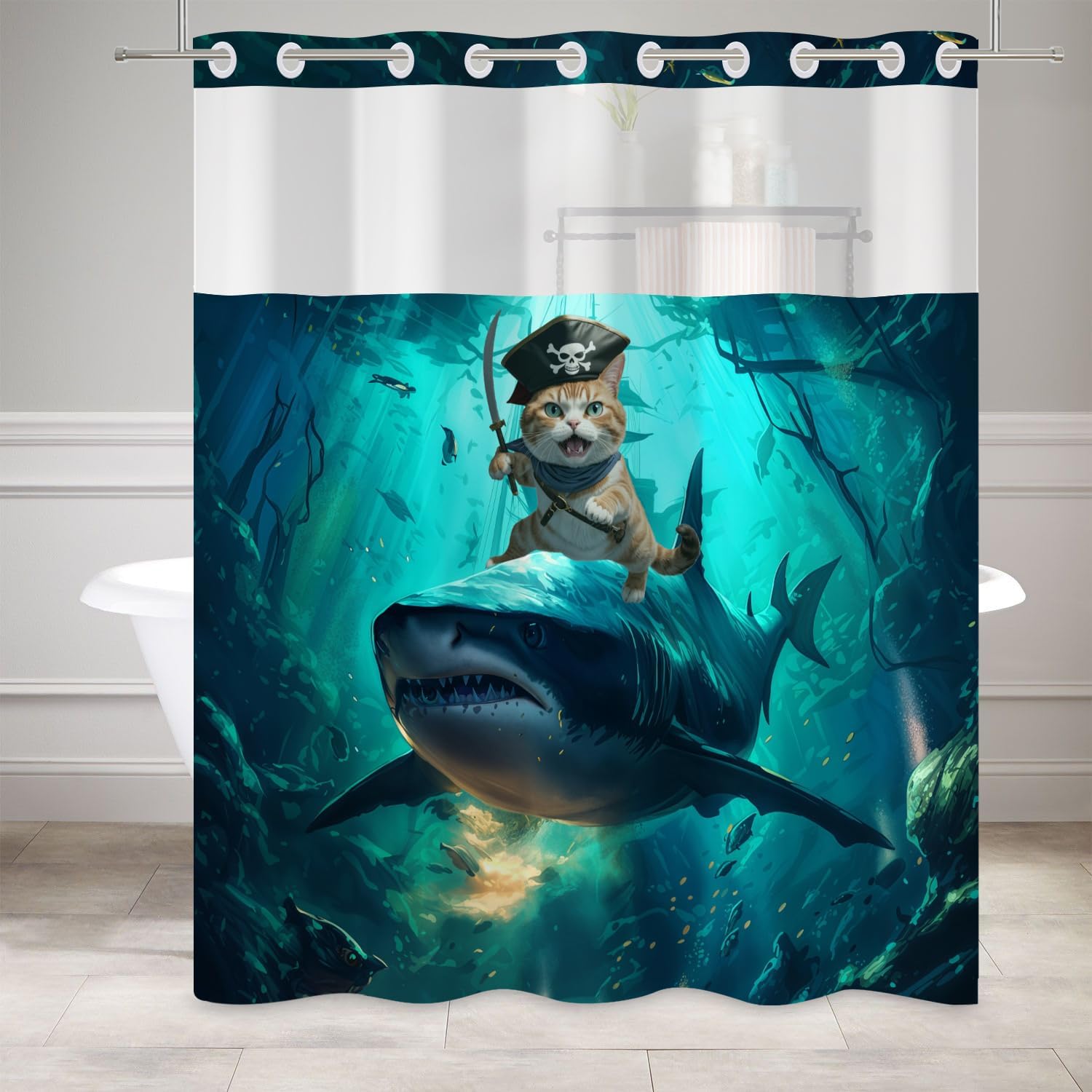 Leowefowa Funny Shark Cat No Hook Shower Curtain, Summer Ocean Beach Theme No Hook Double Layer Shower Curtain with Snap in Liner, Ringless with Window Waterproof Cloth Fabric, 71x74inch