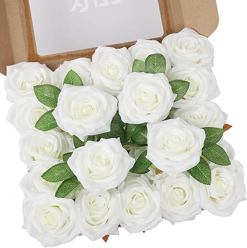 YUZZ Rosas artificiales, 25 unidades, rosas de seda artificiales realistas con tallos para ramos de boda, centros de mesa, fiesta de despedida de