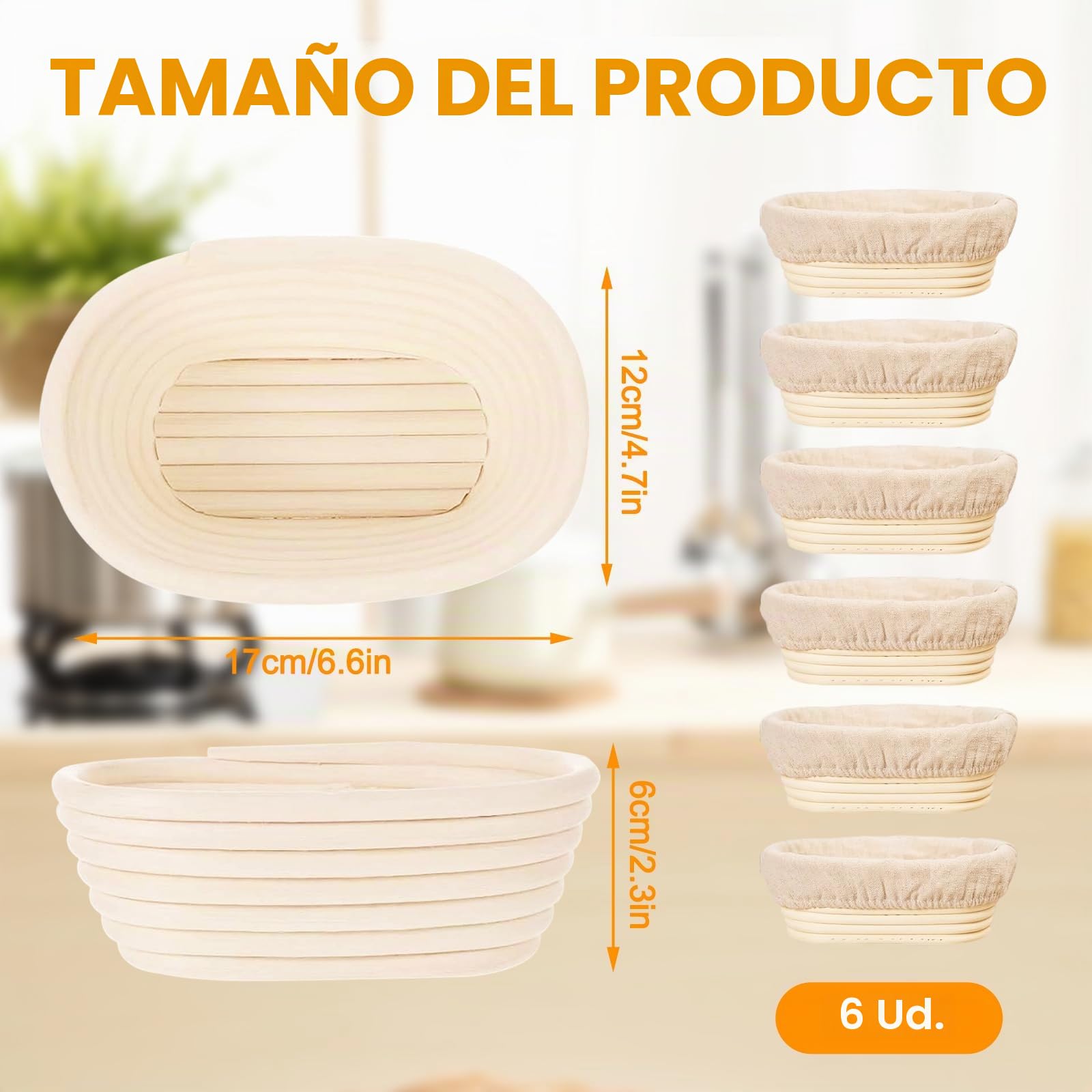 Set de 6 Cestas de Fermentación Banneton, Mini Cestas para Masa Madre de 15 cm, Accesorios para Hornear Pan, Cuencos de Ratán para Fermentación y Leudado de Masa (Ovaladas) | Mini Banneton - Cestas de mimbre para hacer masa, accesorios para hornear pan, i