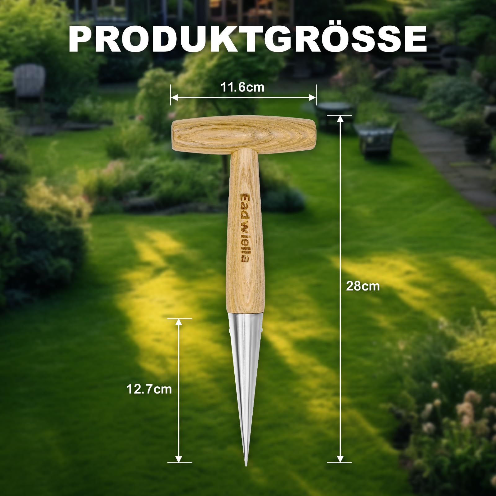 Fioriera di bulbi, bastoncino per piantare in acciaio inox con manico in legno, piantagione di cipolle, attrezzi da giardino (lunghezza totale: 27 cm)