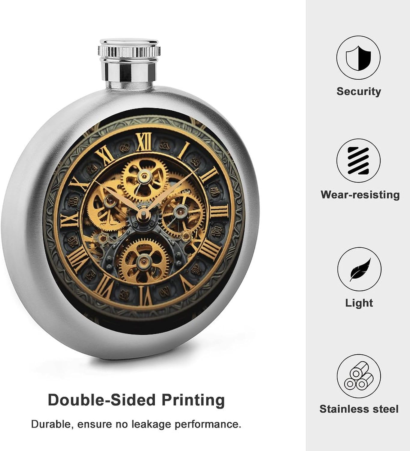 Metal Flask, Clock Gear Print Hip Flask Stainless Steel Flask Portable Flask Travel Flask Lightweight Flask Durable Flask image 3