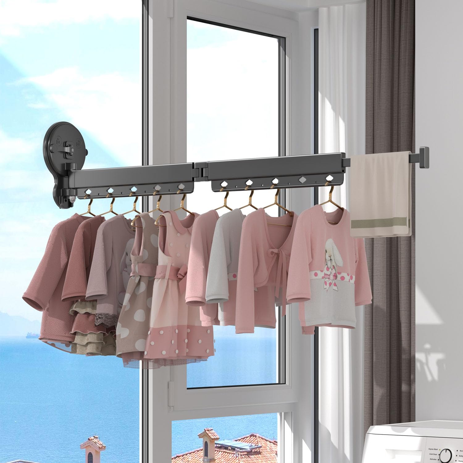 Taylor & Brown Clothes Drying Rack Wall Mounted 2-Fold Retractable Fold Away Laundry Airer Garment Rack with 10 Hooks, 360° Rotating with Double Suction for Balcony, Laundry, Bathroom
