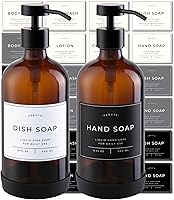 Verute Amber Glass Soap Dispenser Set of 2 - 16oz Countertop Hand & Dish Soap Bottles, Stainless Steel Pumps, Non-Slip Bases & 27 Labels