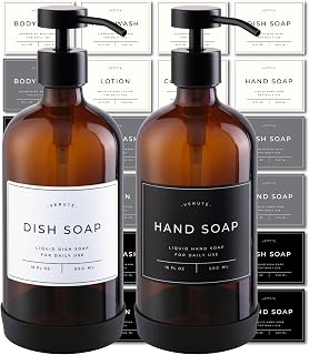 Verute Amber Glass Soap Dispenser Set of 2 - 16oz Countertop Hand & Dish Soap Bottles, Stainless Steel Pumps, Non-Slip Bases & 27 Labels
