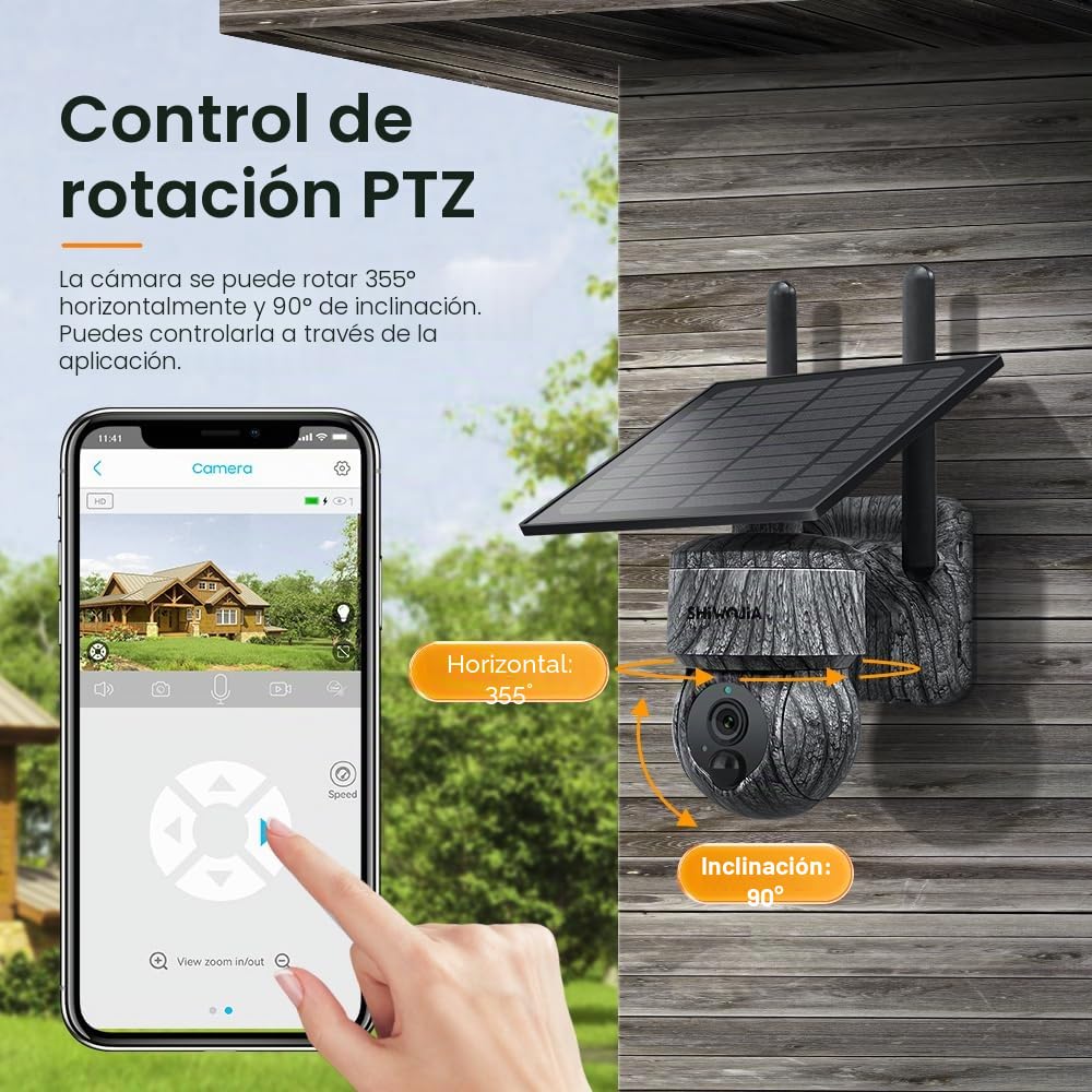 SHIWOJIA 4G LTE Cámara de Vigilancia Exterior Solar, 2K 360° PTZ Cámara de Seguridad Solar con Tarjeta SIM, Audio de 2 vías, Sensor de Movimiento PIR