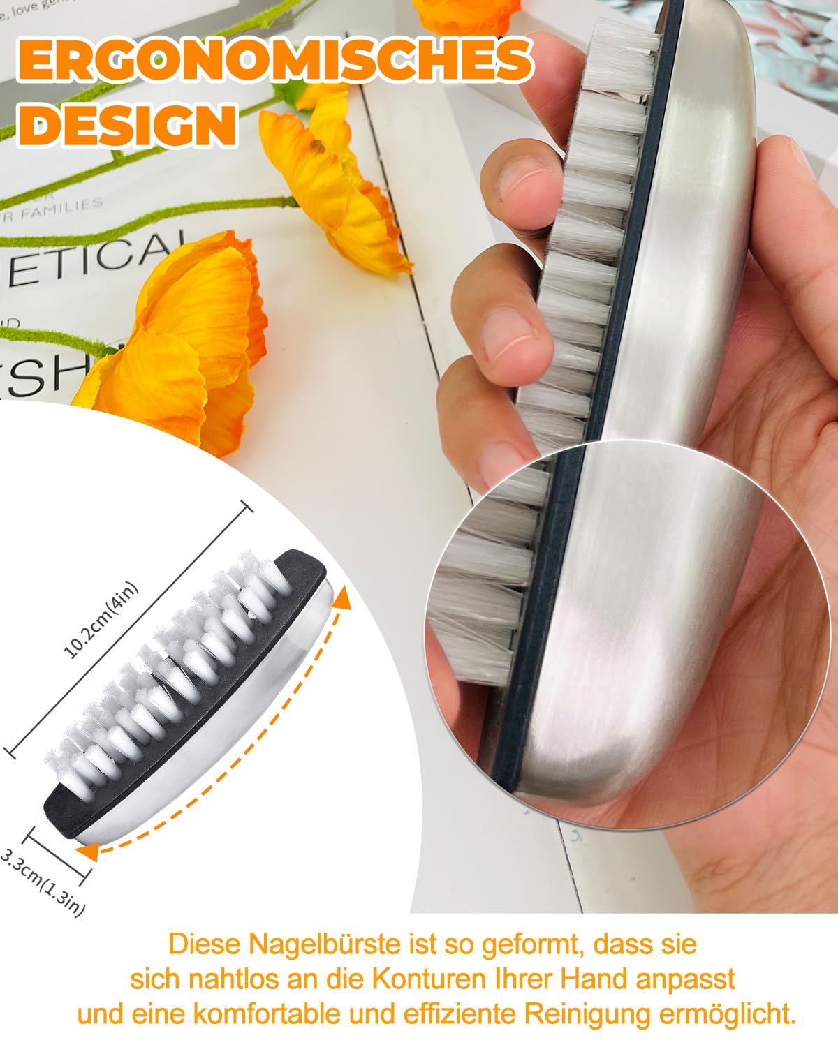 UCEC 4 x spazzole per unghie, in acciaio inox, spazzola per il lavaggio a mano, spazzola per unghie, setole dure e morbide, spazzola per unghie, efficace eliminazione degli odori, spazzola a mano per