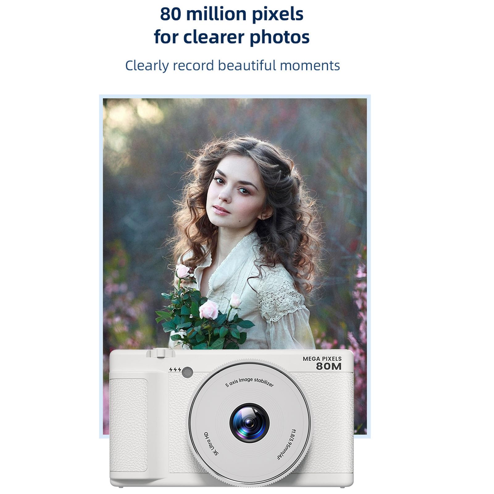 Bewinner Fotocamera Digitale 5K per la Fotografia, Fotocamera da 80MP con Schermo da 2,8 "270 °, Luce di Riempimento a LED, 18x Zoom HD Fotocamere da Viaggio Compatte per Principianti (WHITE)