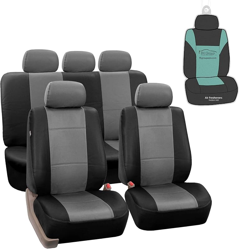 FH Group Fundas de asiento de auto de piel sintética de primera calidad, juego completo de color negro sólido, diseño de funda de asiento de auto pequeño, compatible con airbag, banco dividido, accesorios interiores color canela, ajuste universal, accesorios para auto, camión, SUV
