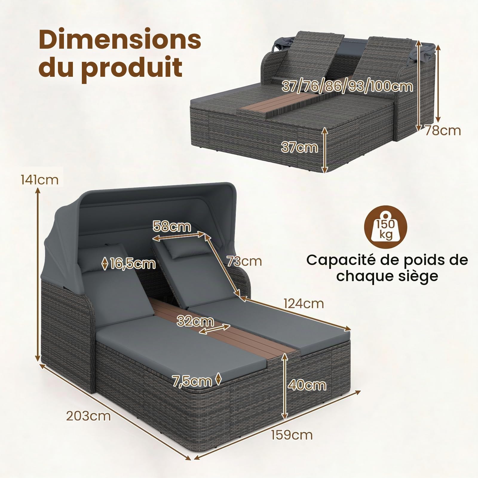 LIFEZEAL Méridienne d'Extérieur en Rotin, Lit de Repos Double en Rotin, avec Hauteur du Dossier Réglable sur 5 Positions, Auvent Rétractable, Appui-Tête, pour Jardin (Gris)