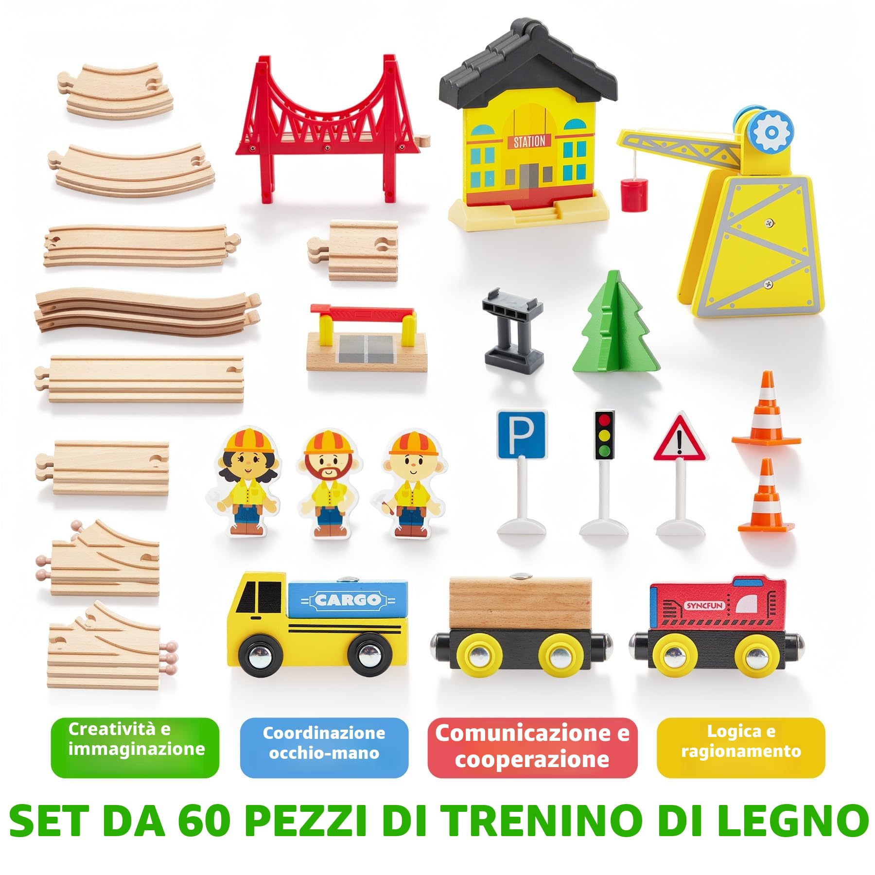 SYNCFUN 60 pezzi Montessori Set di Treni in Legno Giocattolo per Bambini 3 4 5 6, Pista Macchinine, Ferrovia Ingegneristica con Gru Magnetica, Treni e Accessori, Regalo per Bambini e Bambine