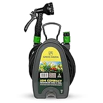 Green Haven – Avvolgitubo da giardino, 10 m, leggero, compatto, con pistola a spruzzo a 7 modelli, avvolgitubo per piccoli giardini, balconi e pulizia esterna (rinforzato)