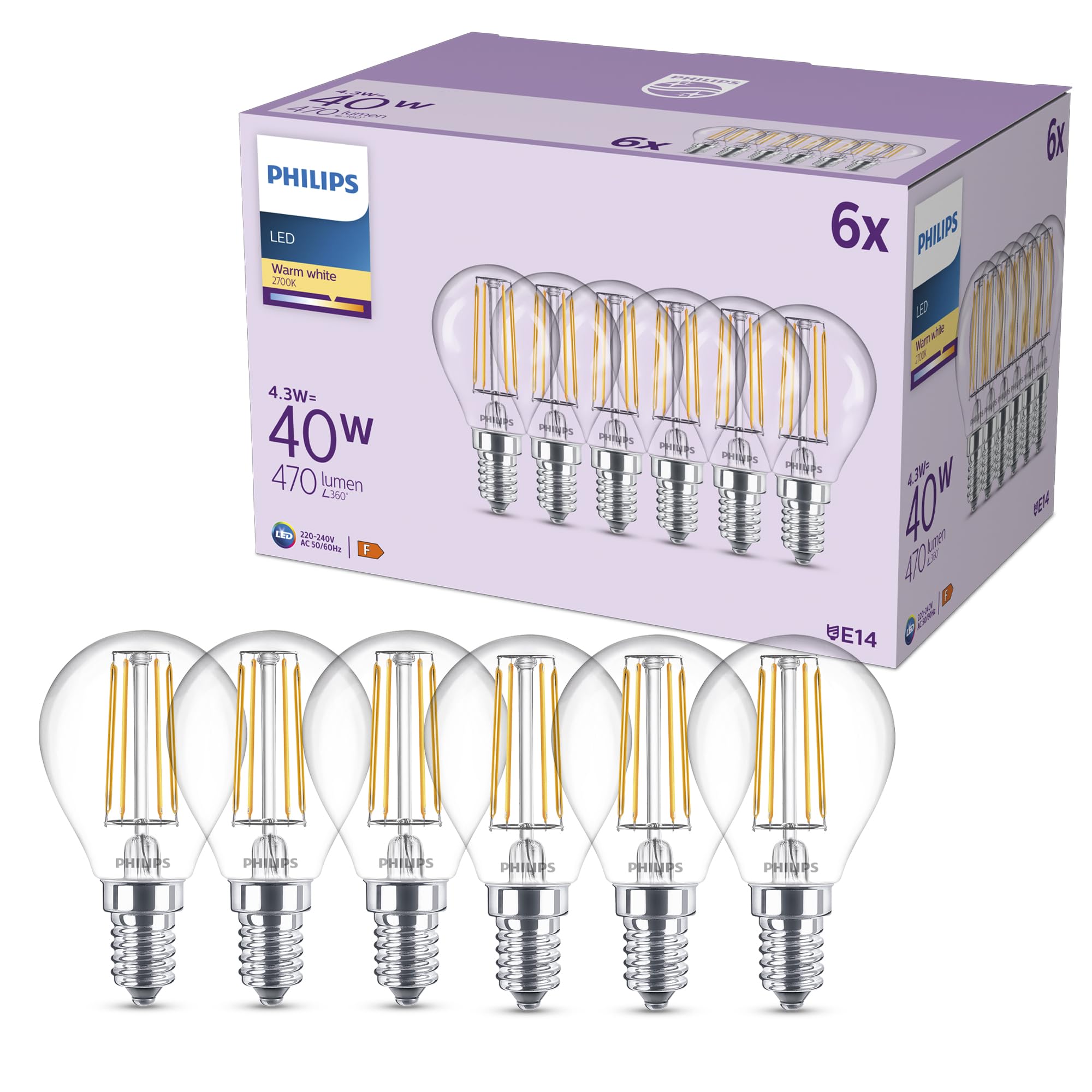 Philips Classic P45 LED Bulb, 40 W, Clear, E14 Socket, Warm White 2700 K, 6 Pack