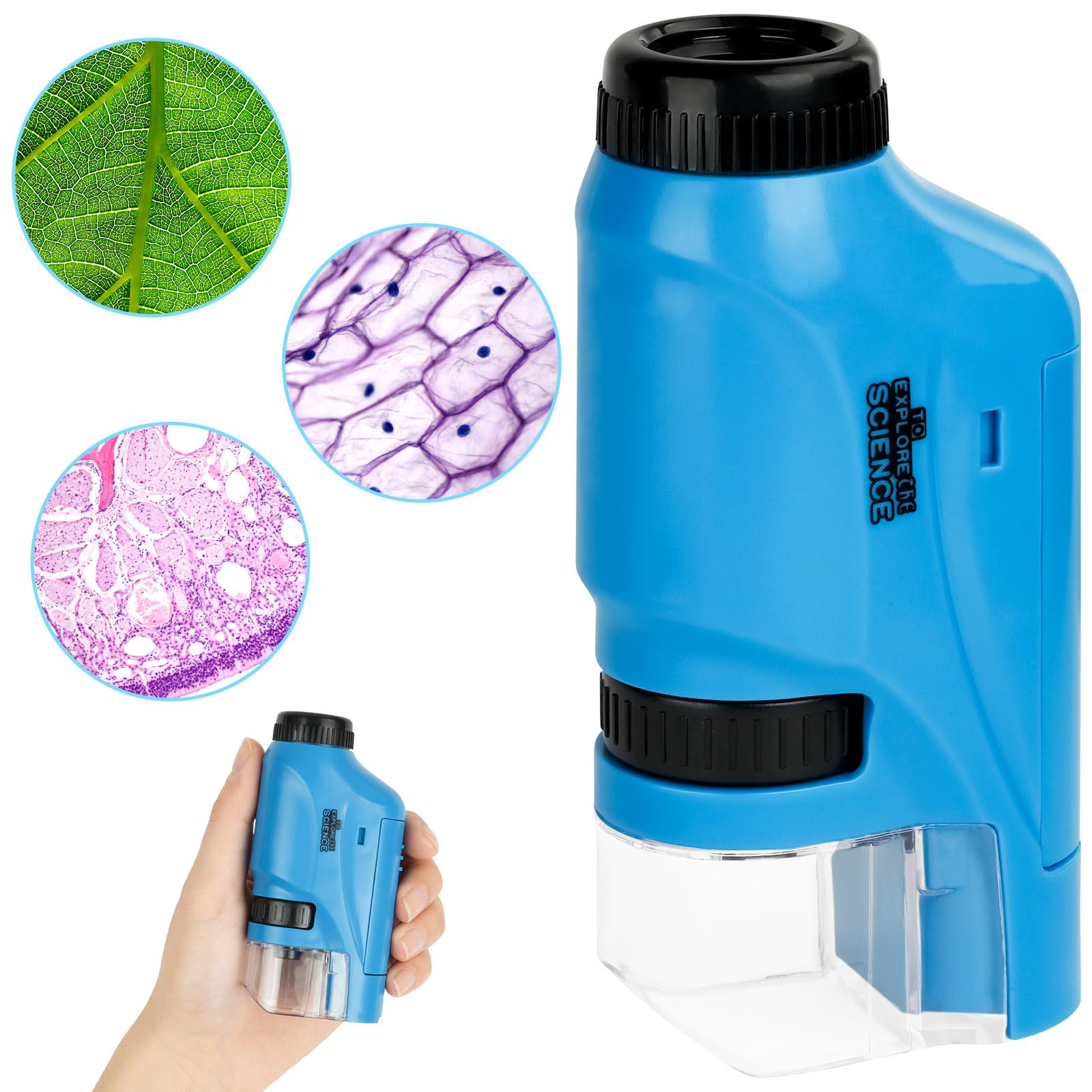 OSDUE Pocket Mini Microscope for Kids, Handheld 80X-200X With LED, Portable With 12pcs Slides for Students Microbiological Observation Learning (Blue)