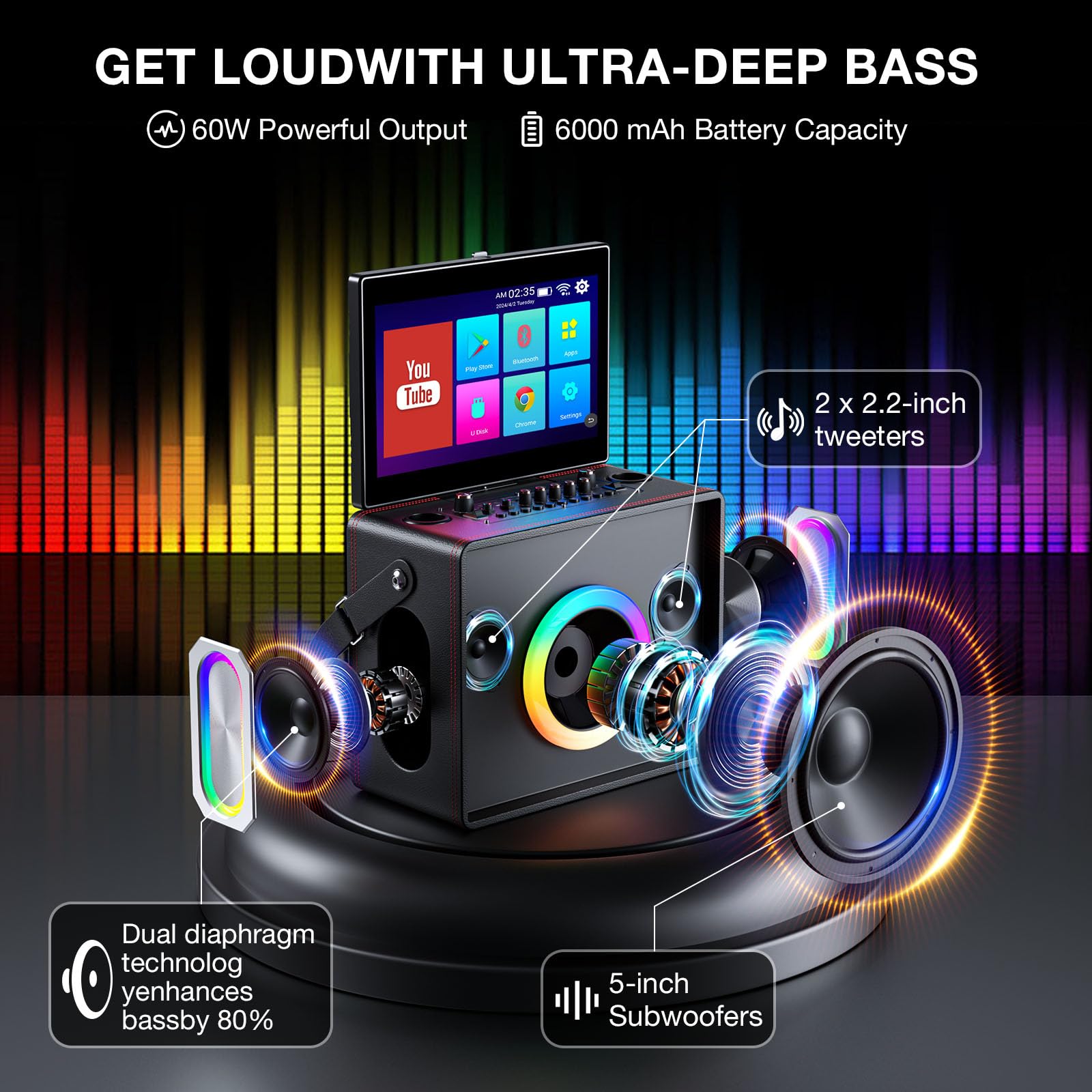 Máquina de karaoke inteligente con pantalla de letras, pantalla táctil integrada de 14 pulgadas | Altavoz de potencia de 600 W y dos micrófonos inalámbricos, sistema PA portátil para el hogar o fiesta al aire libre