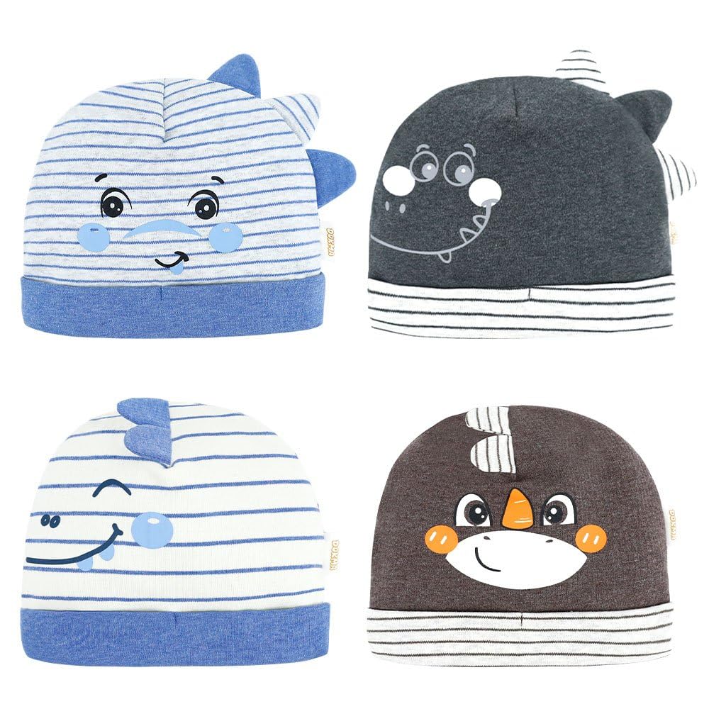 DOKMAOrganic Cotton Toddler Hat Set 4 with Cute Dinosaur Design for Baby Boy, Baby Girl 0-6 Months, Blue/Stripe, 0-6 Months