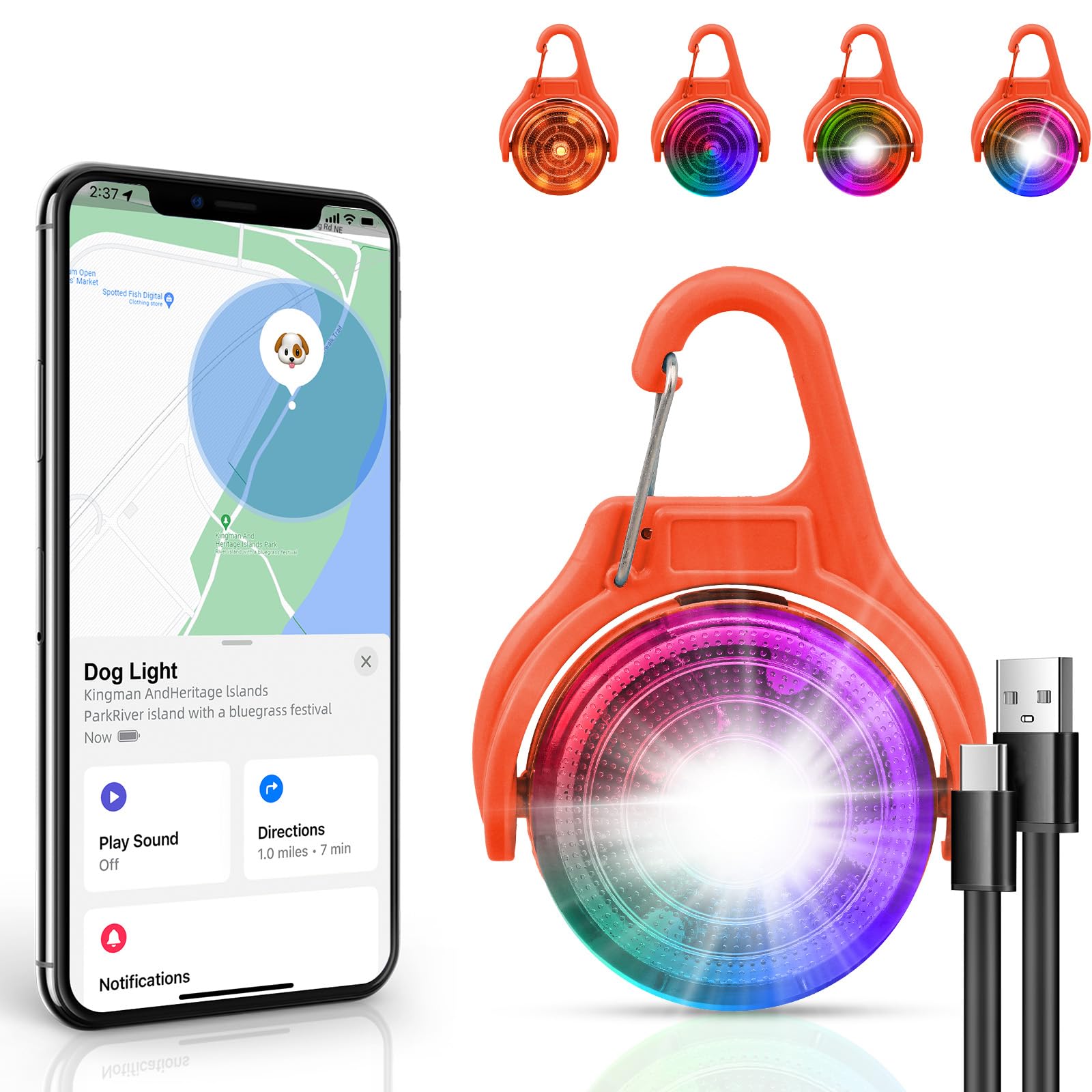 Dog Collar Light, Sucegi Tracker Dog Lights for Night Walking integrated with Find My, Rechargeable Dog Light Clip On for iPhone, IP68 Waterproof Light for Dog Collar Suitable for All Dogs (Orange)