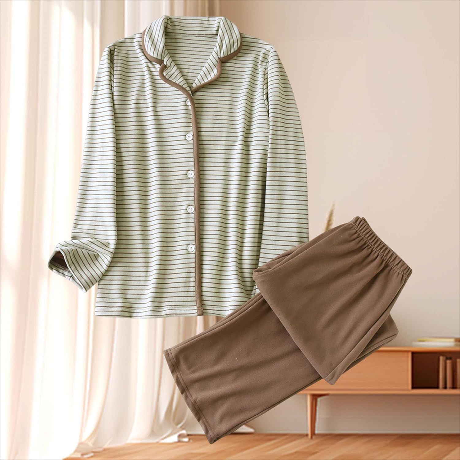 Oplxuo Striped Pajamas Set for Women Lightweight Casual V-Neck Long Sleeve Button Down Sleepwear Fall Outfits